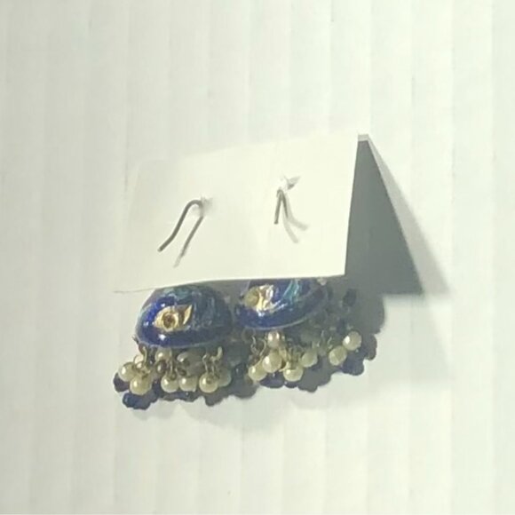 Vintage Jhumka Chandelier Earrings Half Sphere Enamel Beaded Tassels Blue/Gold $ - Picture 7 of 8